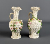 Pair of 6” Ernest Bohne Sohn (Dresden) Floral Encrusted Porcelain Vases