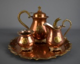 Vintage Foreign Made Copper & Brass Tea Set: Teapot, Tray, Sugar & Creamer