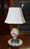 Pretty Vintage Table Lamp, Cranberry Glass & Hand Painted Floral Motif Font, 26.5”
