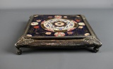 Antique Silver Plate Paw Footed 10” Trivet w/ Imari Style Hand Painted Ceramic Tile