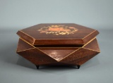 Geometric Shaped Music Box w/ Floral Marquetry Work, Plays “ Somewhere My Love”