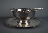 Vtg. Wilcox “American Rose” Silver Plate Punch Bowl, Matching Tray, & Web Sterling Handle Ladle