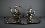 Vtg. Reed & Barton “Winthrop Shield” Four Piece Silver Plate Tea Set Paired w/ Hutton & Sons Tray