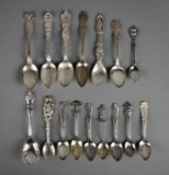 Lot of 16 Silver Plate Souvenir Spoons, Various Themes