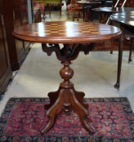 Antique Mahogany & Satinwood Checkerboard / Chess Oval Game Table on Pedestal
