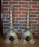 Unusual Antique Pair of Tall Bronze / Brass Andirons, Cat & Fleur-De-Lis Motifs, 35” H