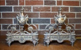 Antique Pair of Wide Bronze / Brass Andirons, Lamp & Bacchanalia Motifs, 16” H