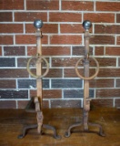 Antique Pair of Arts & Crafts Forged Iron Andirons, 29” H