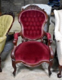 Antique 19th C. Victorian Carved Rosewood Tufted Armchair, Brass Caster Feet