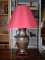 Vintage Oriental Champleve Table Lamp w/ Red Shade