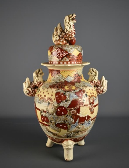 Antique 16” H Japanese Meiji Period Satsuma Moriage Lidded Jar, Foo Lion / Dog Handles & Finial