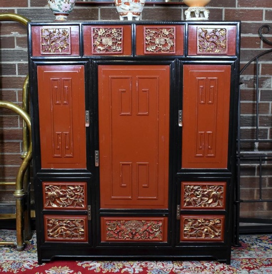 Elegant Black & Red Lacquer Chinoiserie Armoire