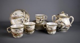 Antique Japanese Crane Porcelain Tea Cups & Saucers with Waste Jar