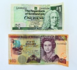 Two Paper Notes: Scotland 1 Pound (1996), Belize 50 Dollars (2009)