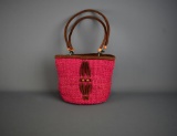 Bright Pink Straw Handbag w/ Leather & Bead Accents