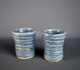 Cute Pair of  Blue 3” Studio Pottery Tumblers by C. Scott