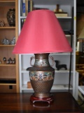 Vintage Oriental Champleve Table Lamp w/ Red Shade