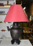 Contemporary Bronze Finish Oriental Style Table Lamp w/ Red Shade