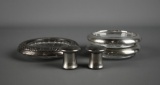 Lot of Silver: Sterling Mounted Coasters (Various Sizes), Pair of Plate Salt & Pepper Shakers