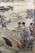 Ladies Crossing Bridge, Large Chinese Print on Woven Silk, Signed Upper Left