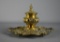 Antique Reticulated Brass Inkstand with Center Lidded Well, Ball Feet