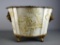 Contemporary Ceramic Jardiniere with Reticulated Brass Rim, Handles and Feet