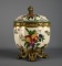 Contemporary Craquelure Painted Lidded Ceramic Jar with Brass Mounts and Stand