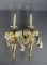 Pair of Vintage Polished Brass Hurricane Lamp Candle Sconces with Ivory Candles