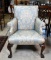 Lovely  Light Blue Damask Arm Chair w/ Carved Legs & Paw Feet
