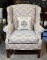 Handsome Flame Stitch Fairington Wingback Armchair, Floral Embroidered Pillow