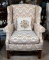 Handsome Flame Stitch Fairington Wingback Armchair, Floral Embroidered Pillow