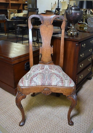 George I Style English Burled Walnut Side Chair, Late 19th C., Exceptionally Graceful Form