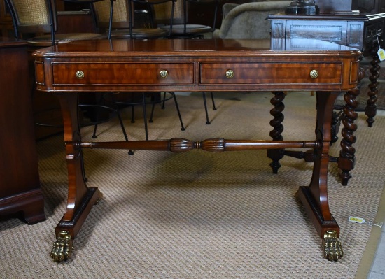 Crossbanded and Bookmatched Flamed Mahogany Trestle Center Table by Maitland-Smith