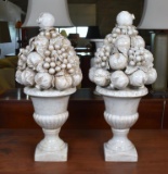 Pair of Vintage Marblesque Ceramic Fruit Tree Decorative Urns