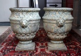 Pair of Antique Patinated Solid Bronze Lion's Head Garden Urns, 18.5” H