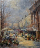 Gunther Grimm (German, 1929- ) “Flower Market”, Oil on Canvas, Signed Lower Left