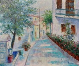 John Manol (Greek, 1900- ) “Village Street”, Oil on Canvas, Signed Lower Left