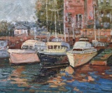 Jeff Lee (XX-XXI) Boats at Dock, Oil on Canvas, Signed Lower Right