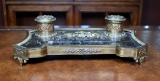 Black Marble & Brass Double Inkwell Inkstand