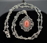 Vintage Silver Filigree 30” Necklace and Pendant with Carnelian Cabochon