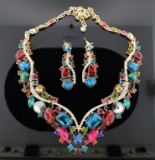 Colorful Costume Statement Demiparure with 20” Necklace and 2” Earrings