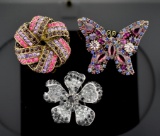 Lot of 3 Lovely Vintage Costume Brooch Pins: Butterfly, Bow & Flower