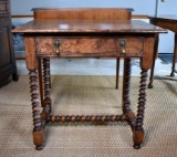 Unusual 19th C. Burl Oak Side Table, Turned Legs & Stretchers