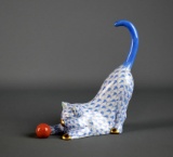 Herend Hungary Blue Fishnet Cat w/ Ball 5” Figurine