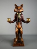 Carved Wooden Hand Painted Fox Butler Two Candle Holder, Made in USA, 17” H