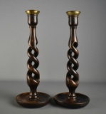 Pair of Vintage 13.5” Wooden Barley Twist Candlesticks