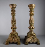 Tall Pair of Baroque Style Composite Candle Sticks with Paw Feet, 20” H