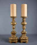 Pair of Contemporary 13” Turned Wooden Candlesticks w/ Candles