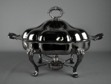 Vintage Silver Plate Oval Chafing Dish with Scalloped Edge, Paw Feet