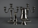 Lot of Four Silver Plate Table Service: Pair of Shefield Triple Candelabras & Two Shakers